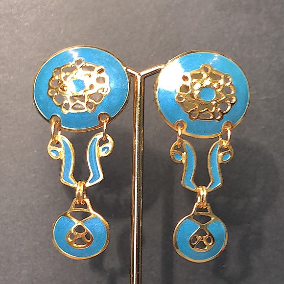 Berébi cerulean enameled pierced dangle earrings. EUC - 3” x 1” Unique Stamped - Picture 2 of 11